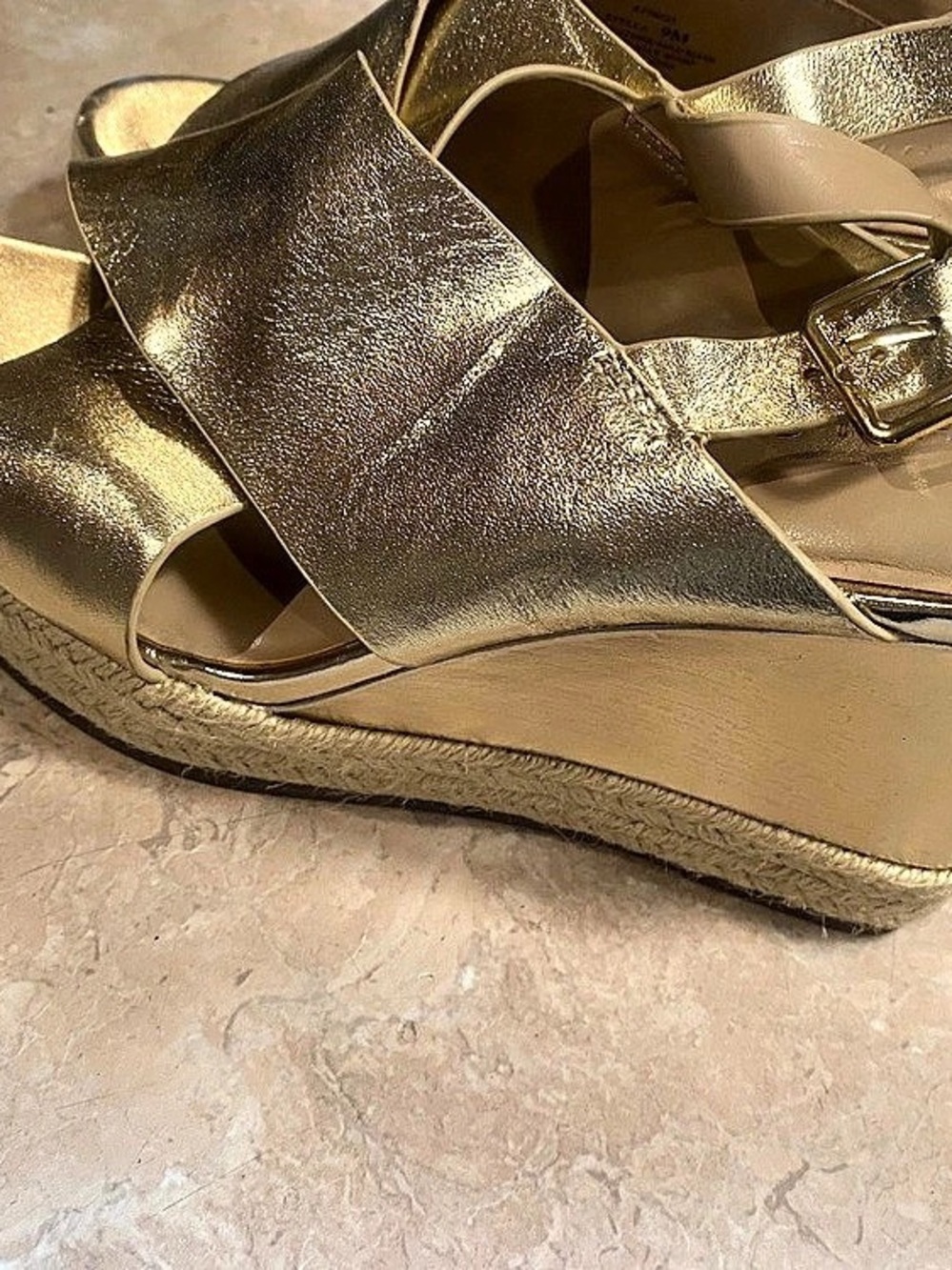 Halston Gold Leather Wedge Sandals US 9M - Picture 2 of 8